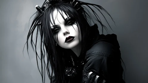 Cyber-goth portrait with monochrome palette and high-contrast makeup