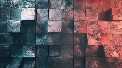 Abstract textured 3D cubes in blue and red modern digital art.