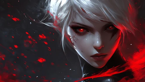 White-haired character stares forward with glowing red eyes