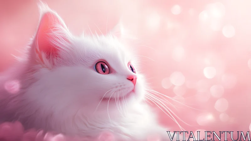 Luminous White Cat with Pink Eyes in Ethereal Dreamscape Setting.