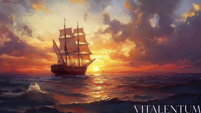 Trimasted brig under chromatic sunset in digital seascape.