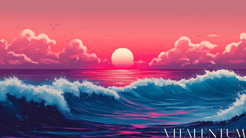 Vibrant stylized ocean waves under neon pink sunset sky.