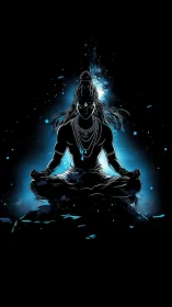 Meditative deity silhouette in glowing cosmic blue aura.