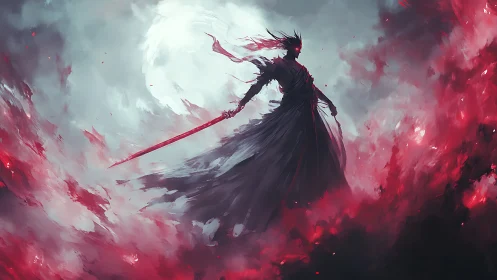 Silhouetted warrior figure dominates blood-red digital vortex
