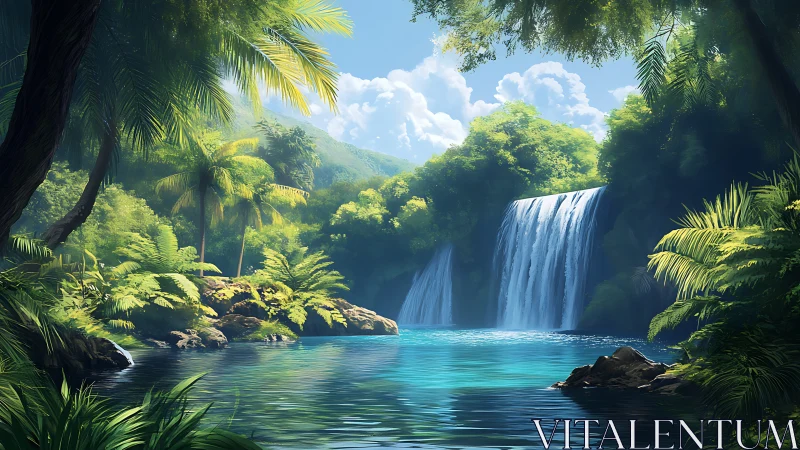 Tropical waterfall lagoon under lush jungle canopy sunlight.
