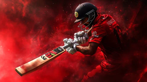 Cricket batsman in dynamic red motion blur executes power shot