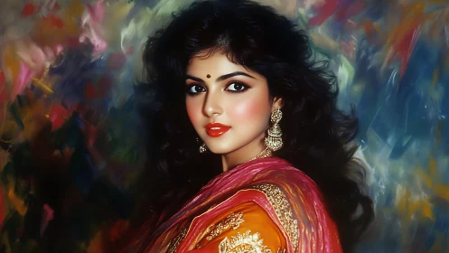 Portrait of woman in sari against abstract color background.