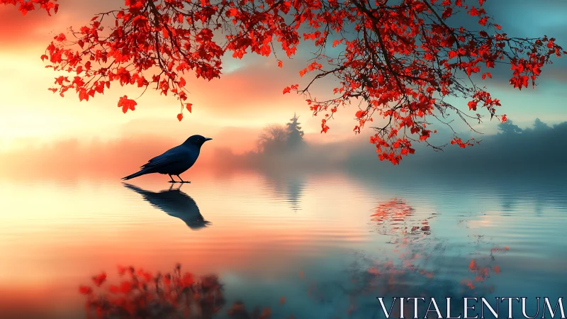 Solitary blackbird over misty lake at fiery sunrise.