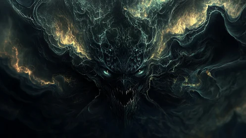 Storm-forged shadow creature emerges with blazing cosmic eyes