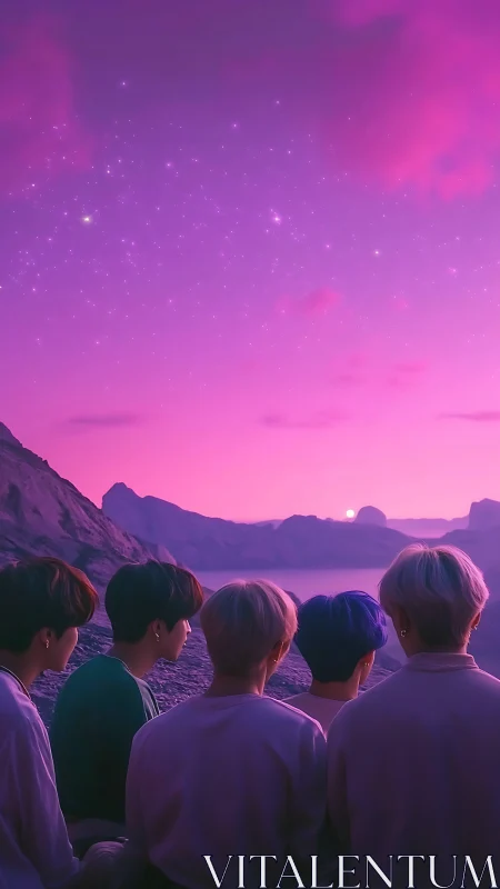 Stargazing friends under neon violet twilight sky.