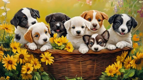 Sunlit basket brigade of bright-eyed garden puppies.