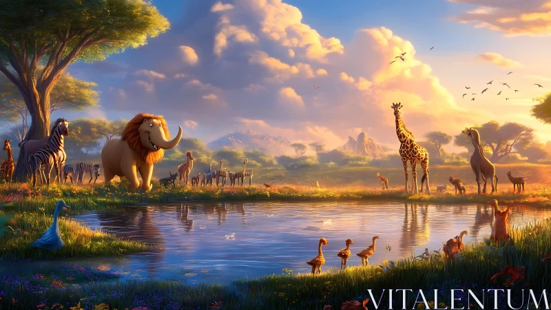 African Savanna Wildlife Gathering at Watering Hole