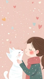 Girl and White Cat Share Peaceful Moment Among Falling Hearts.