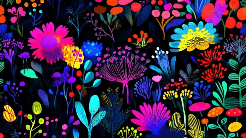 Neon Botanical Illustration on Black Background