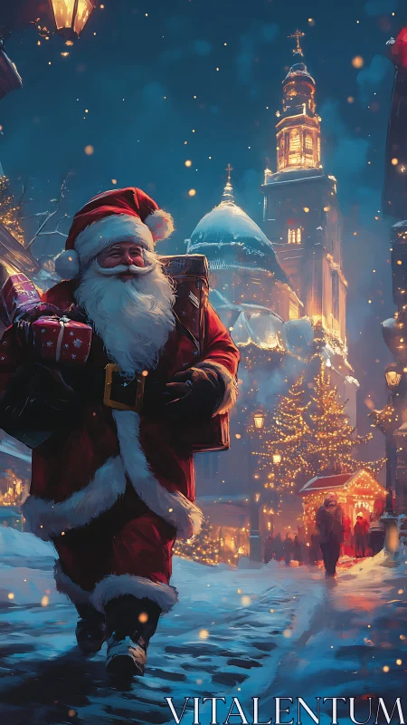 Santa walks through snowy festive city street at night.