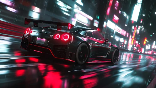 Sleek sports car glides through neon city rain at night