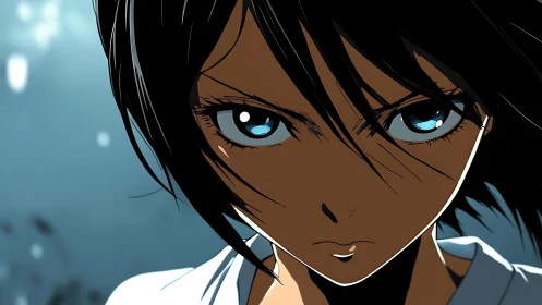 Close frontal view of determined blue eyed anime girl.