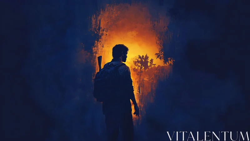 Silhouetted survivor in high-contrast backlit wilderness portal.