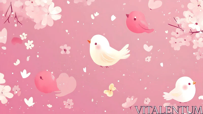 Pastel songbirds drift through a rosy blossom daydream