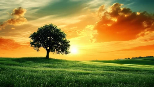 Solitary hilltop tree soaking in a blazing emerald sunset.