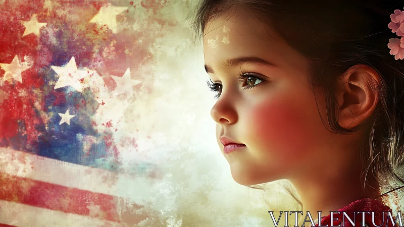 Young Girl Profile with American Flag Patriotic Composition