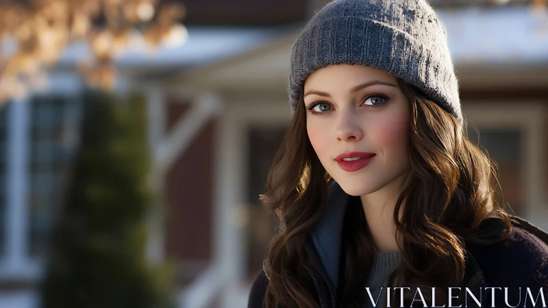 Winter portrait with soft bokeh and knitted gray beanie.