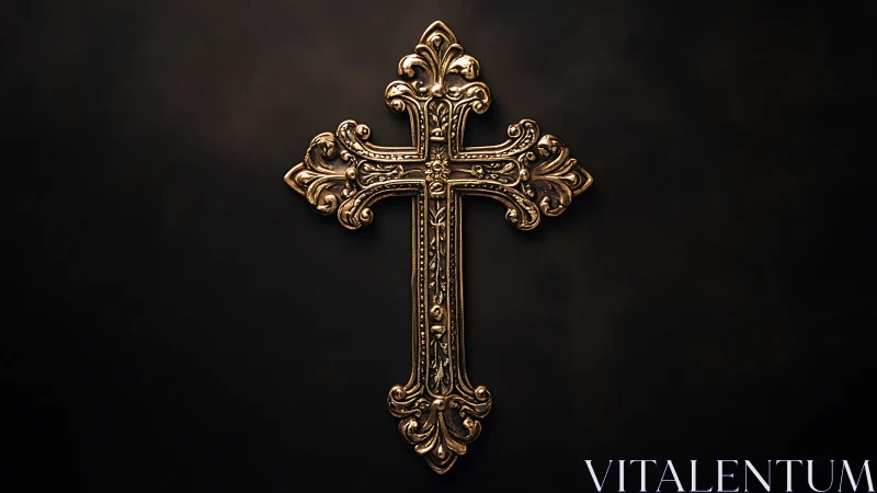 Baroque golden cross against deep shadowed backdrop.