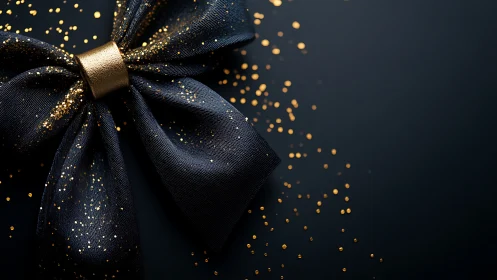 Dark ribbon bow with gold glitter on plain black surface