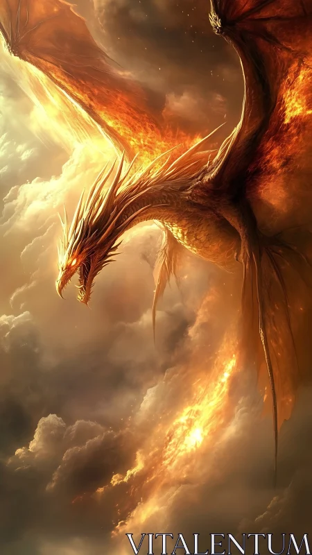 Fire dragon soars through dense storm clouds trailing flames