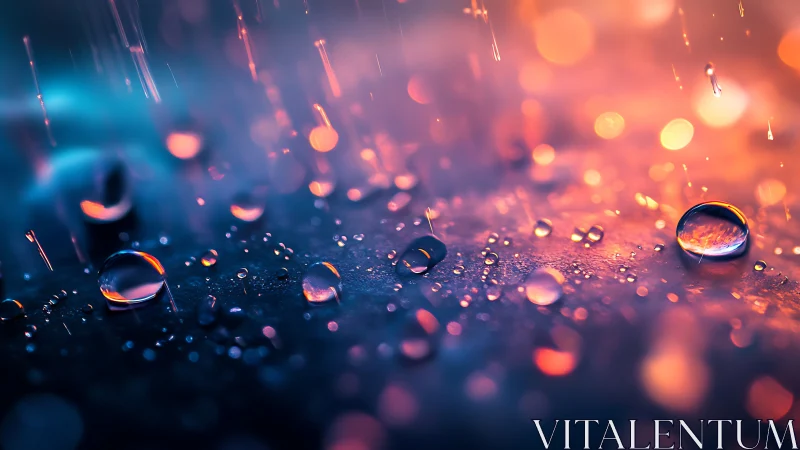 Macro raindrop abstraction in neon bokeh gradient lighting.