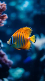 Vibrant striped reef fish in luminous blue marine bokeh.