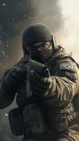 Tactical soldier in full gear holding rifle amid smoke plume.