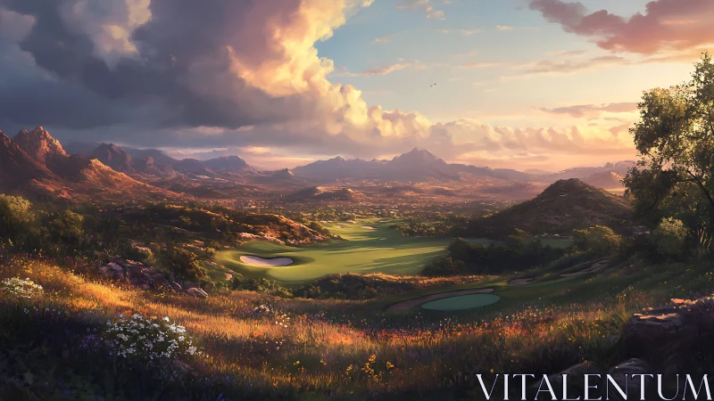 Mountain valley golf course under late afternoon sunlight.