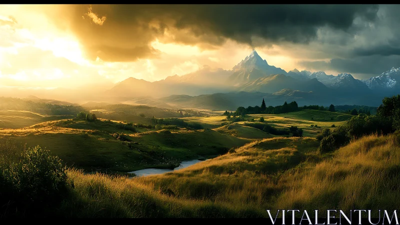 Sunlit mountain peak rises over rolling golden valley