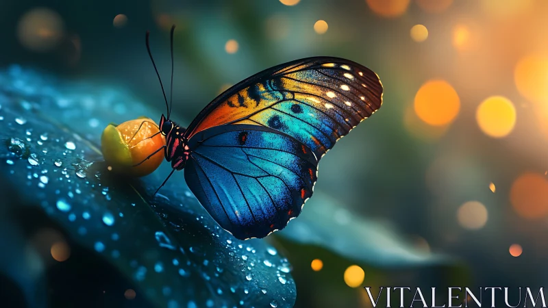 Glowing blue butterfly rests gently on dewy leaf at dusk