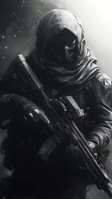 Tactical hooded operative in monochrome digital painting profile.
