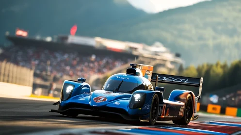 Blue endurance prototype race car exits corner at speed