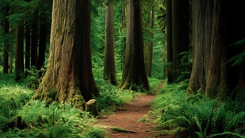 Tranquil Forest Path Surrounded by Towering Ancient Trees.