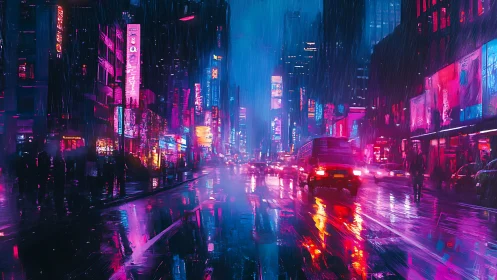 Neon soaked night city street with cars in heavy rain.