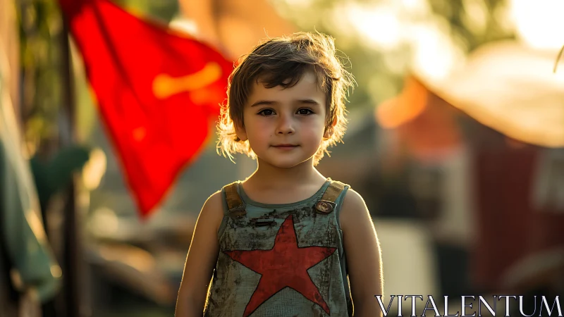 Young child in red star shirt positioned against blurred patriotic background with flag.