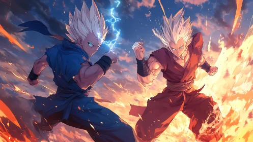 Clashing super warriors amid storm-lit firestorm skies.