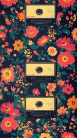 Three retro cassette tapes aligned on floral pattern background