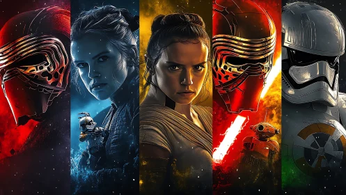 Split-panel sci-fi character montage with vivid color gradients