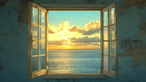Open wooden window frames calm ocean horizon at sunset