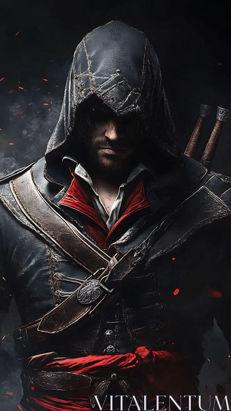 Hooded rogue stands in embers, shrouded by smoky darkness