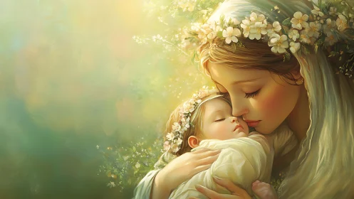 Digital rendering depicts maternal tenderness conveyed through luminous color gradation and floral c
