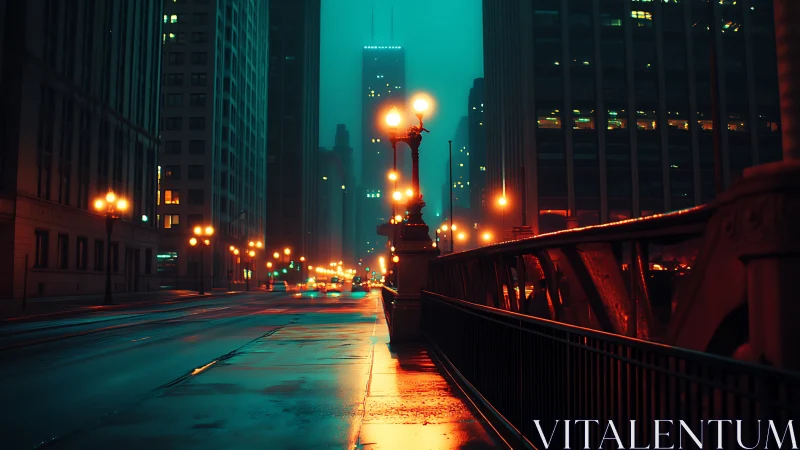 Moody neon-lit city bridge glows in the evening rain.