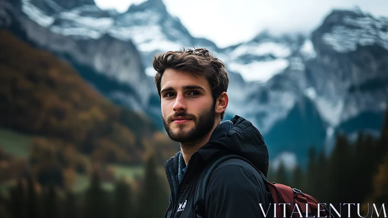 Portrait of a man in outdoor clothing before alpine mountains