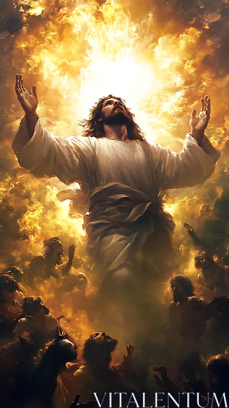 Radiant robed figure ascending into glowing golden clouds.