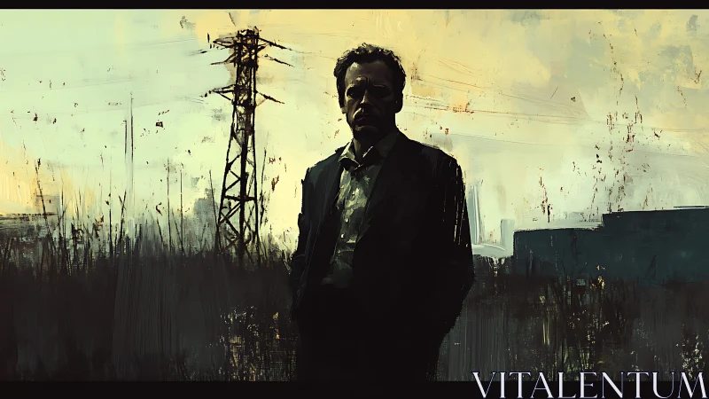 Solitary businessman under industrial dusk skyline silhouette.